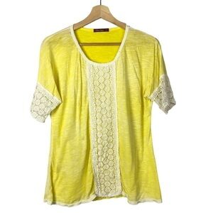 Bashara Lesser Yellow & White Crochet Lace Short Sleeve Blouse M